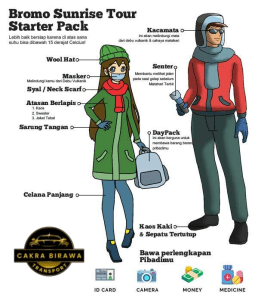 Ilustrasi gambar starter pack untuk berkunjung ke Bromo