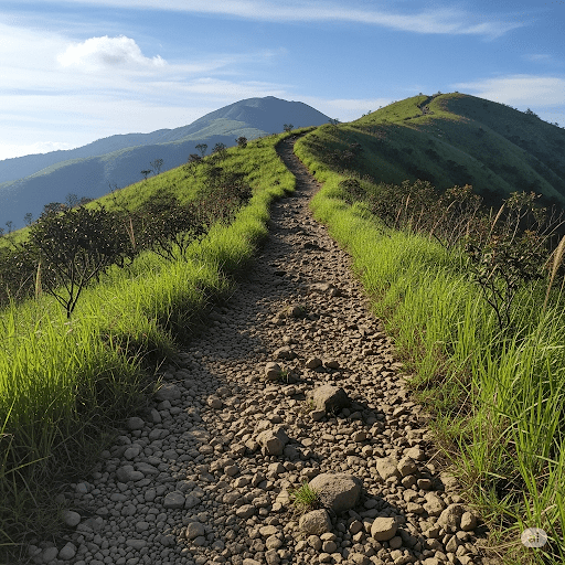 Jalur trekking berupa jalan setapak tanah menuju kawasan Puncak Budug Asu yang ramah bagi pemula.