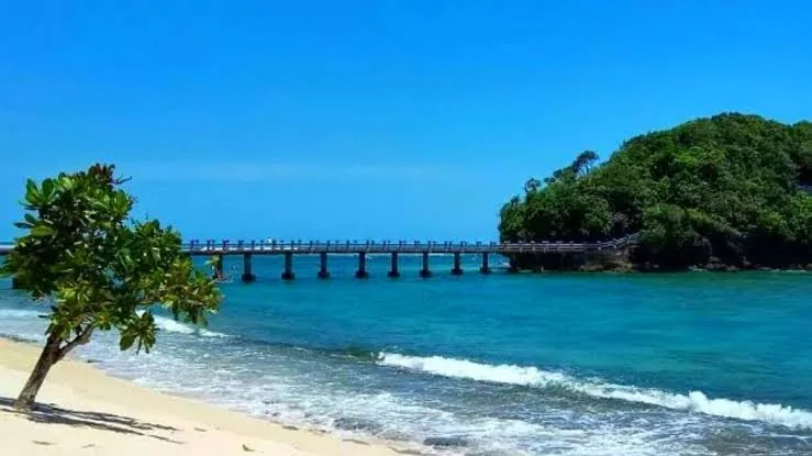 Pemandangan drone garis pantai selatan Malang dengan air biru jernih