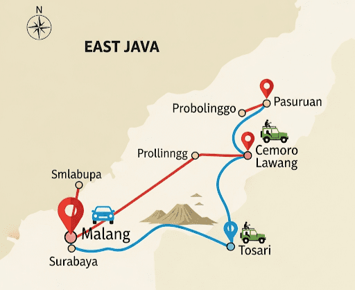 Peta rute terbaik ke Bromo dari Malang yang menunjukkan jalur via Probolinggo dan Pasuruan