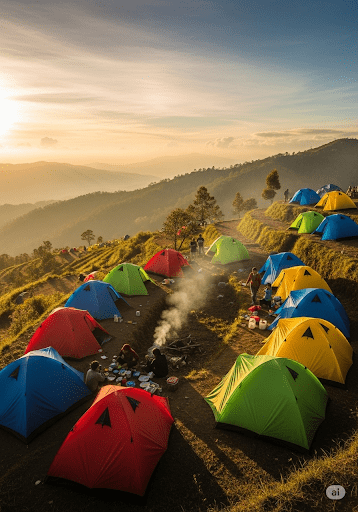 Tenda-tenda camping berdiri di padang savana Puncak Budug Asu saat sore hari yang cerah.
