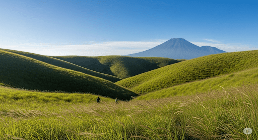 Pemandangan hamparan savana hijau yang luas di Puncak Budug Asu dengan latar belakang Gunung Arjuno yang megah.