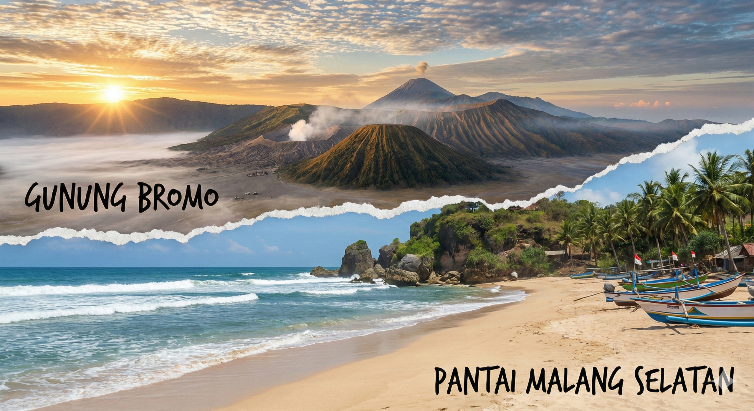 Ilustrasi kolase wisata gunung bromo dan pantai malang