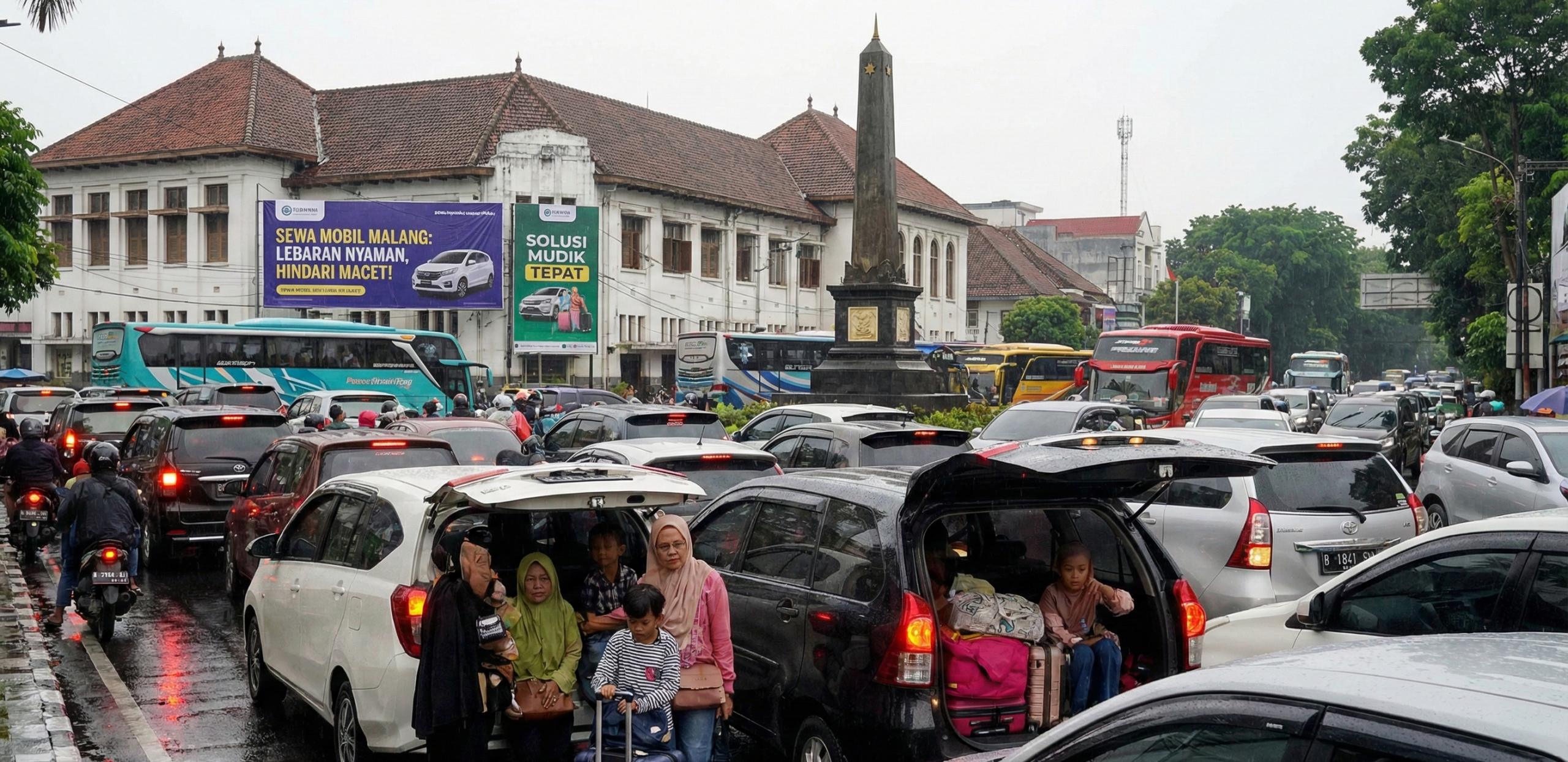 Ilustrasi lalu lintas padat di Malang saat musim Lebaran, pentingnya sewa mobil Malang