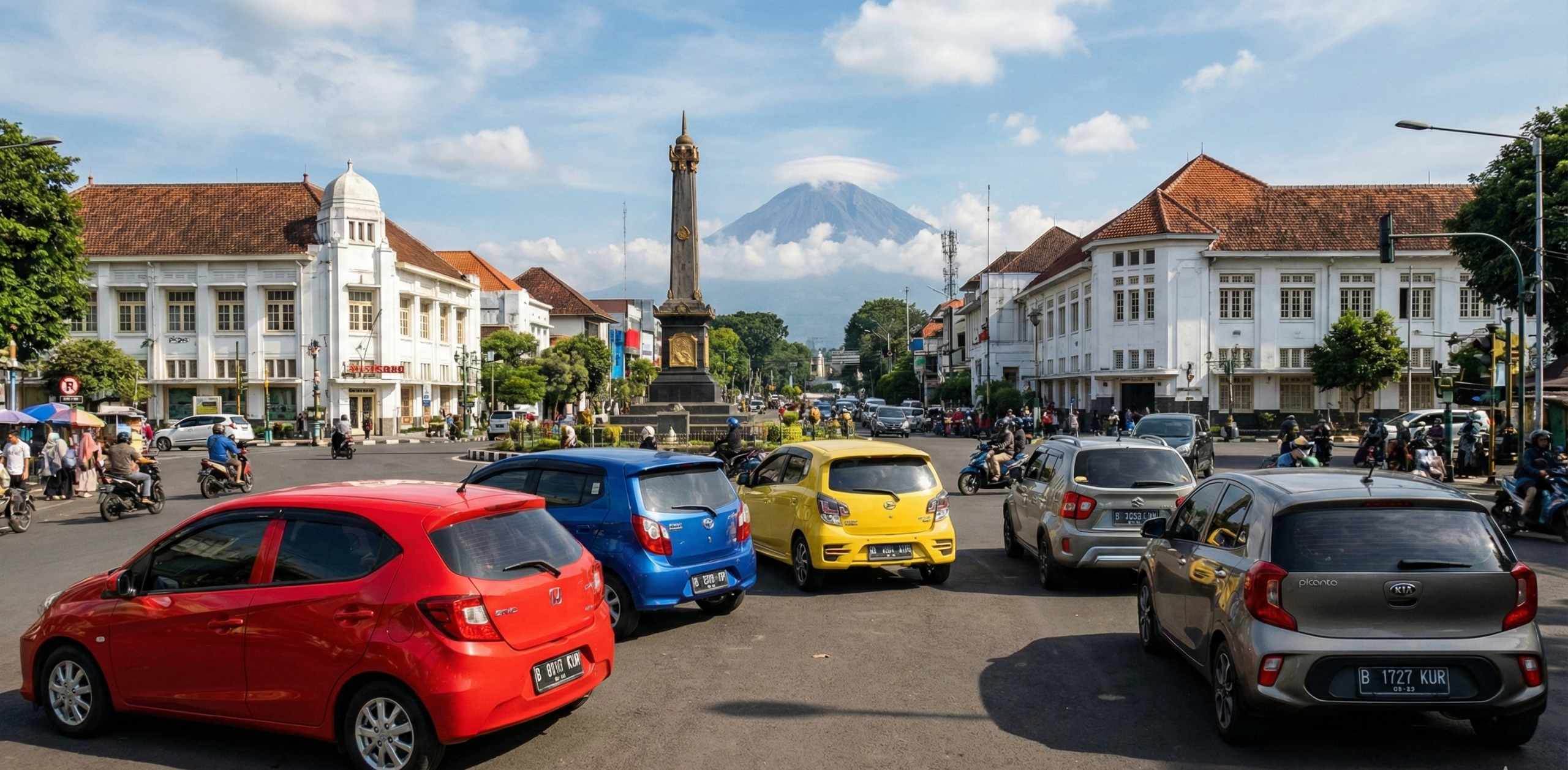 Mobil Honda Brio melintasi jalanan kota Malang yang padat namun lancar