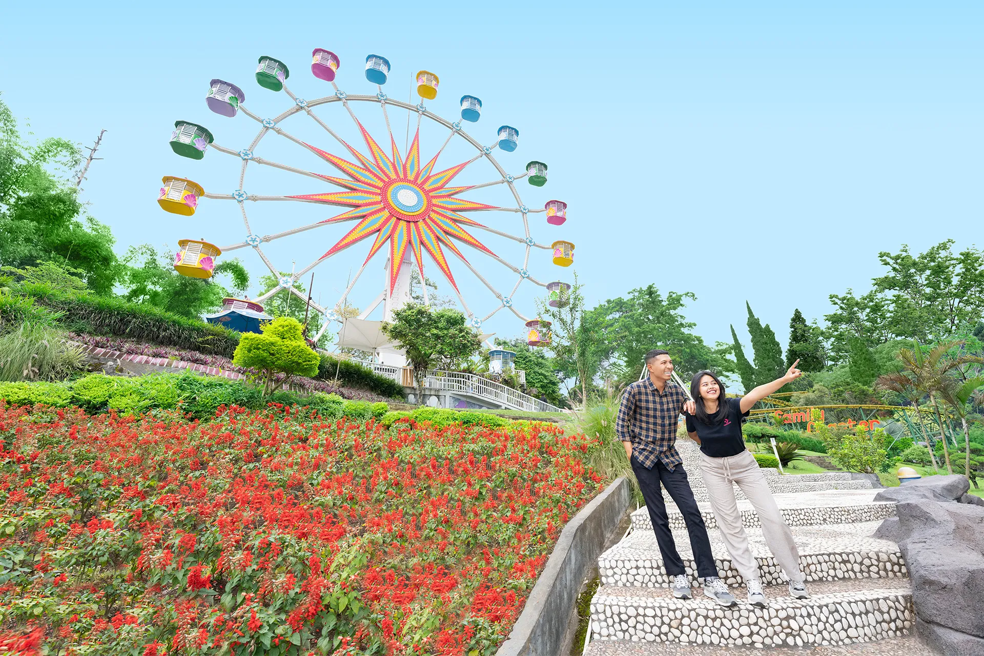 Spot foto favorit di Taman Rekreasi Selecta Batu dengan bunga warna-warni dan panorama alam