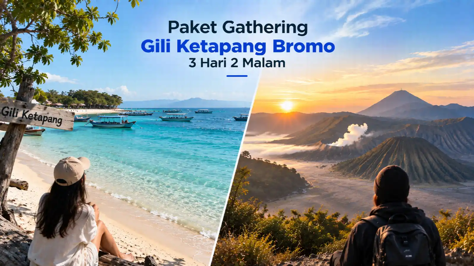 Pantai Gili Ketapang berair jernih dengan perahu wisata dan sunrise Gunung Bromo