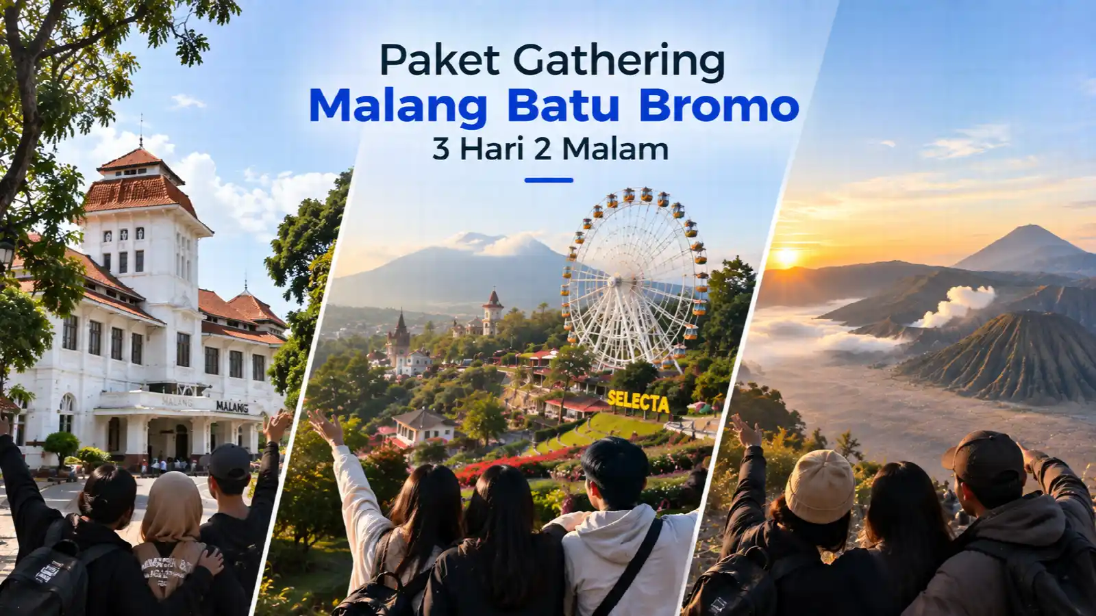 Rombongan gathering di bangunan kolonial Malang, taman Selecta Batu, dan sunrise Gunung Bromo