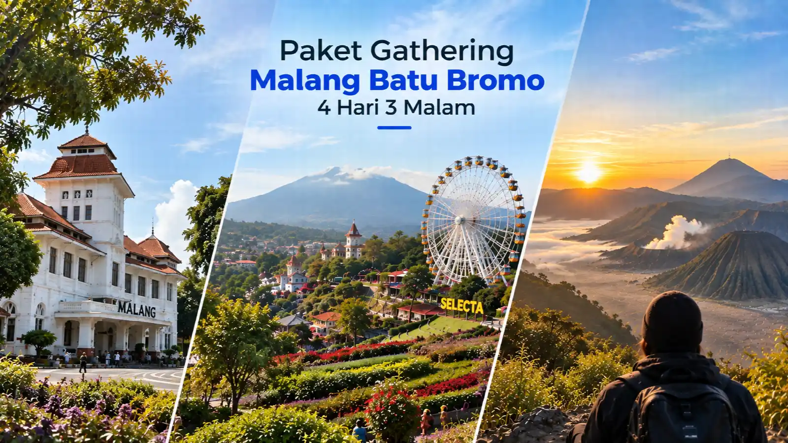 Kolase bangunan kolonial Kota Malang, taman bunga Selecta Batu, dan sunrise Gunung Bromo