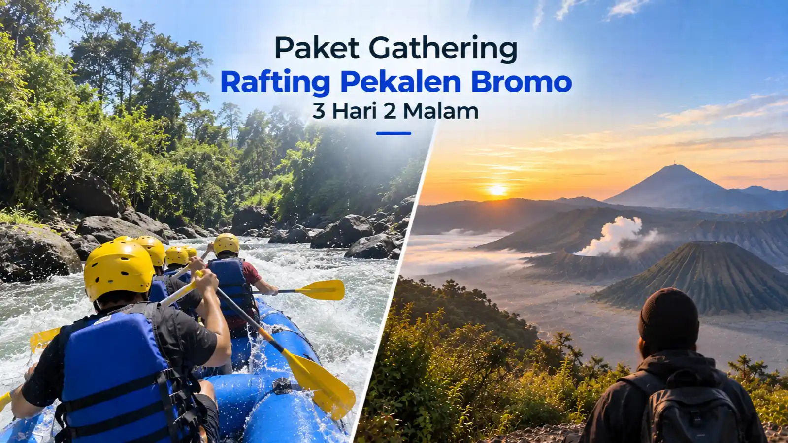 Peserta rafting mendayung di jeram Sungai Pekalen dan wisatawan memandang sunrise Gunung Bromo