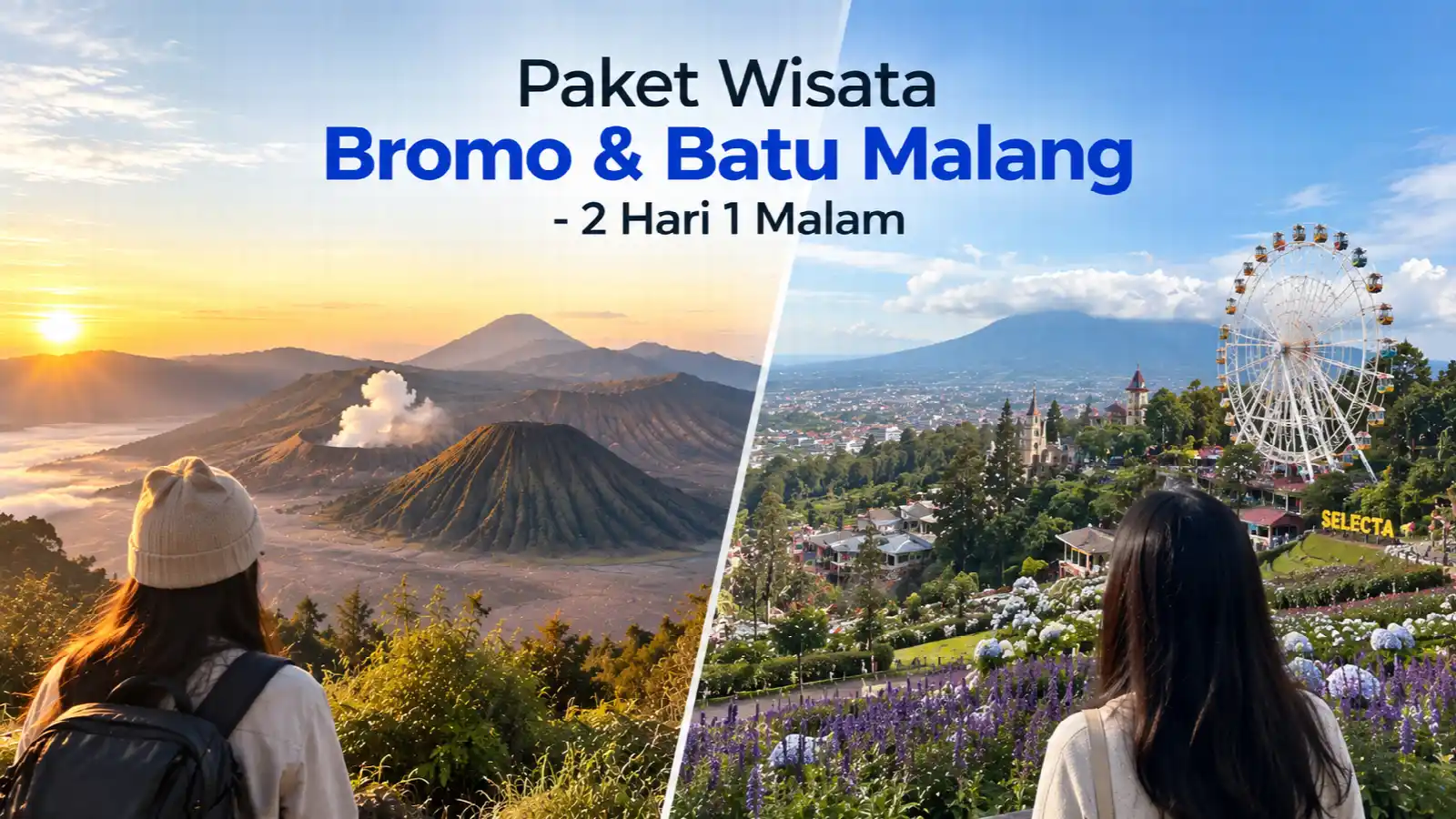 Wisatawan menikmati sunrise Gunung Bromo dan taman bunga Selecta Batu dalam paket 2 hari 1 malam