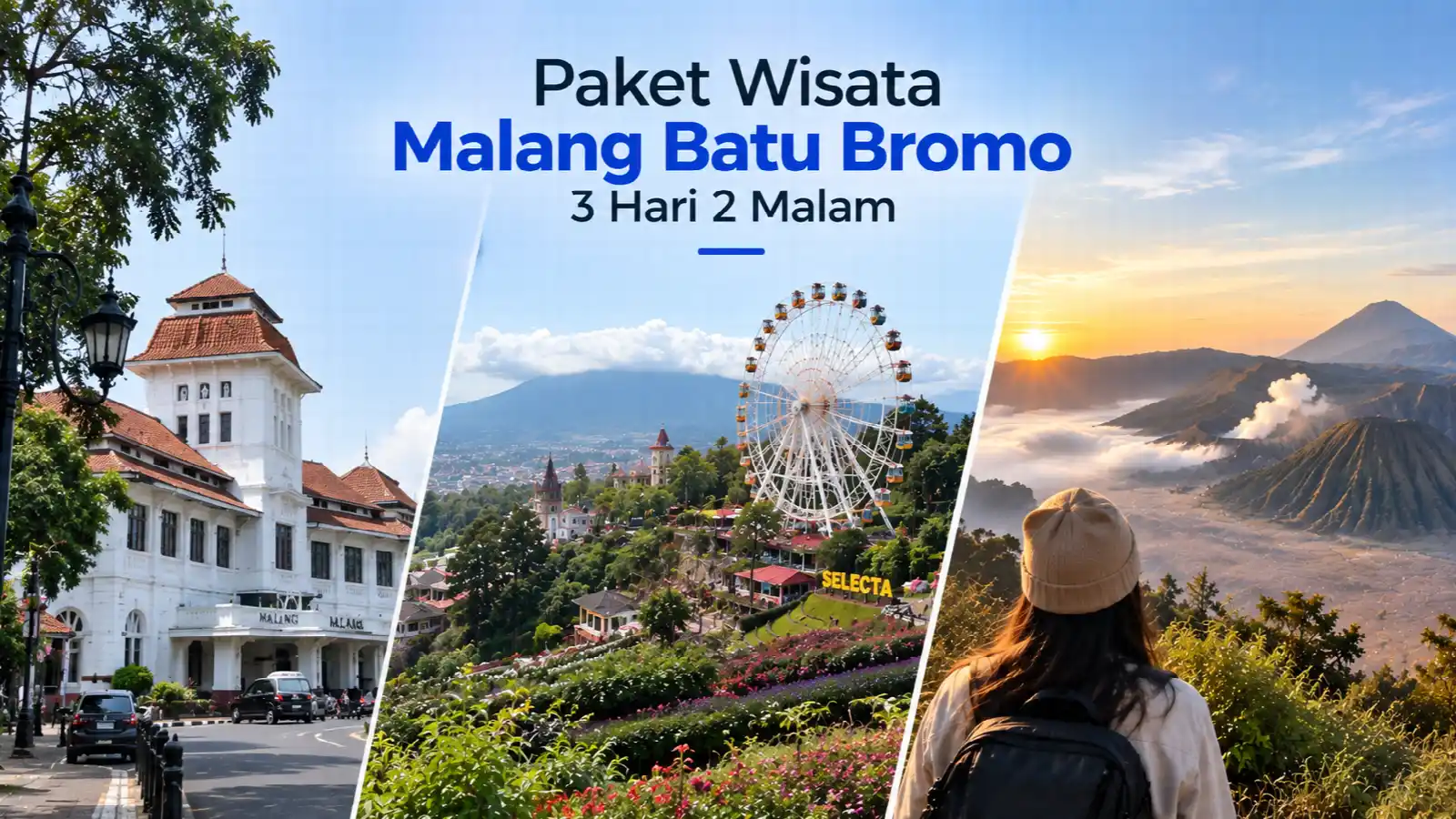 Kolase bangunan kolonial Kota Malang, taman bunga Selecta Batu, dan sunrise Gunung Bromo