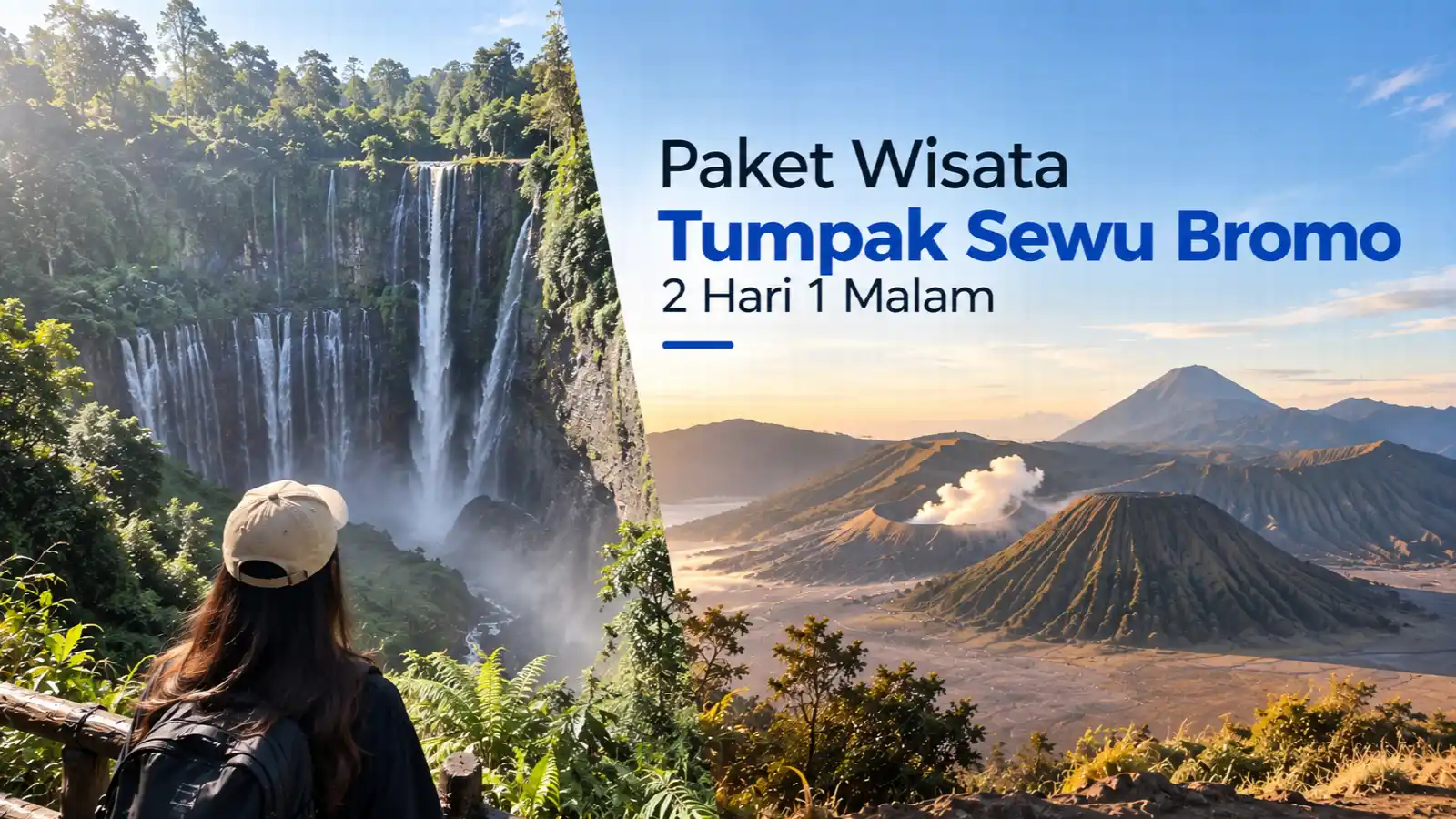 Wisatawan memandang Air Terjun Tumpak Sewu dan panorama Gunung Bromo dalam paket 2 hari 1 malam